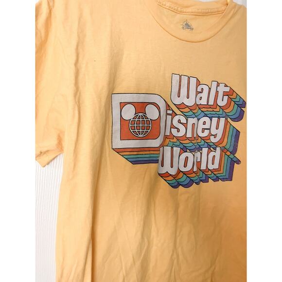 Disney Parks Walt Disney World Retro Rainbow Logo Mickey Yellow Shirt Size Med - Picture 7 of 7